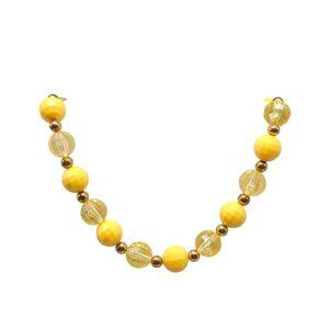 Vintage Yellow Acrylic Beaded Necklace Faceted Gold-Toned Accents 15" Length